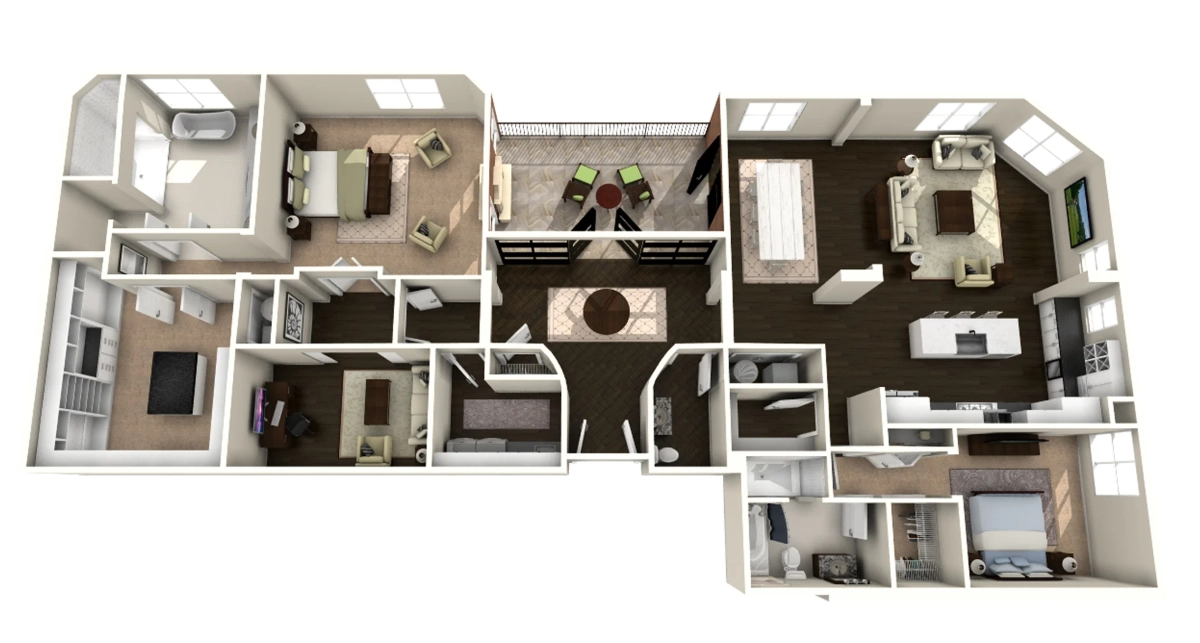 3D rendered floor plan of a luxury penthouse suite showing an open-concept layout with kitchen, dining, living room, multiple bedrooms, bathrooms, and a covered terrace
