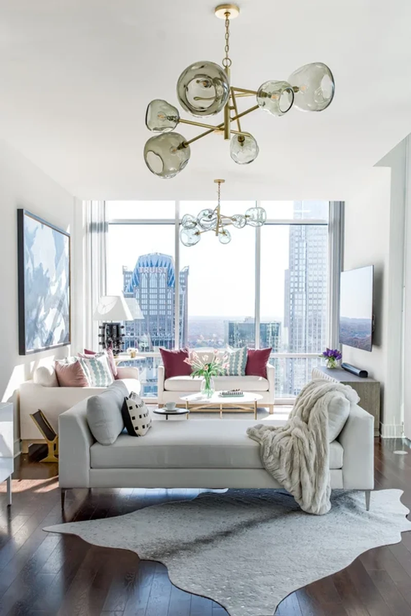 Vue Charlotte living room with modern chandelier and city skyline views designed by Onyx Interiors