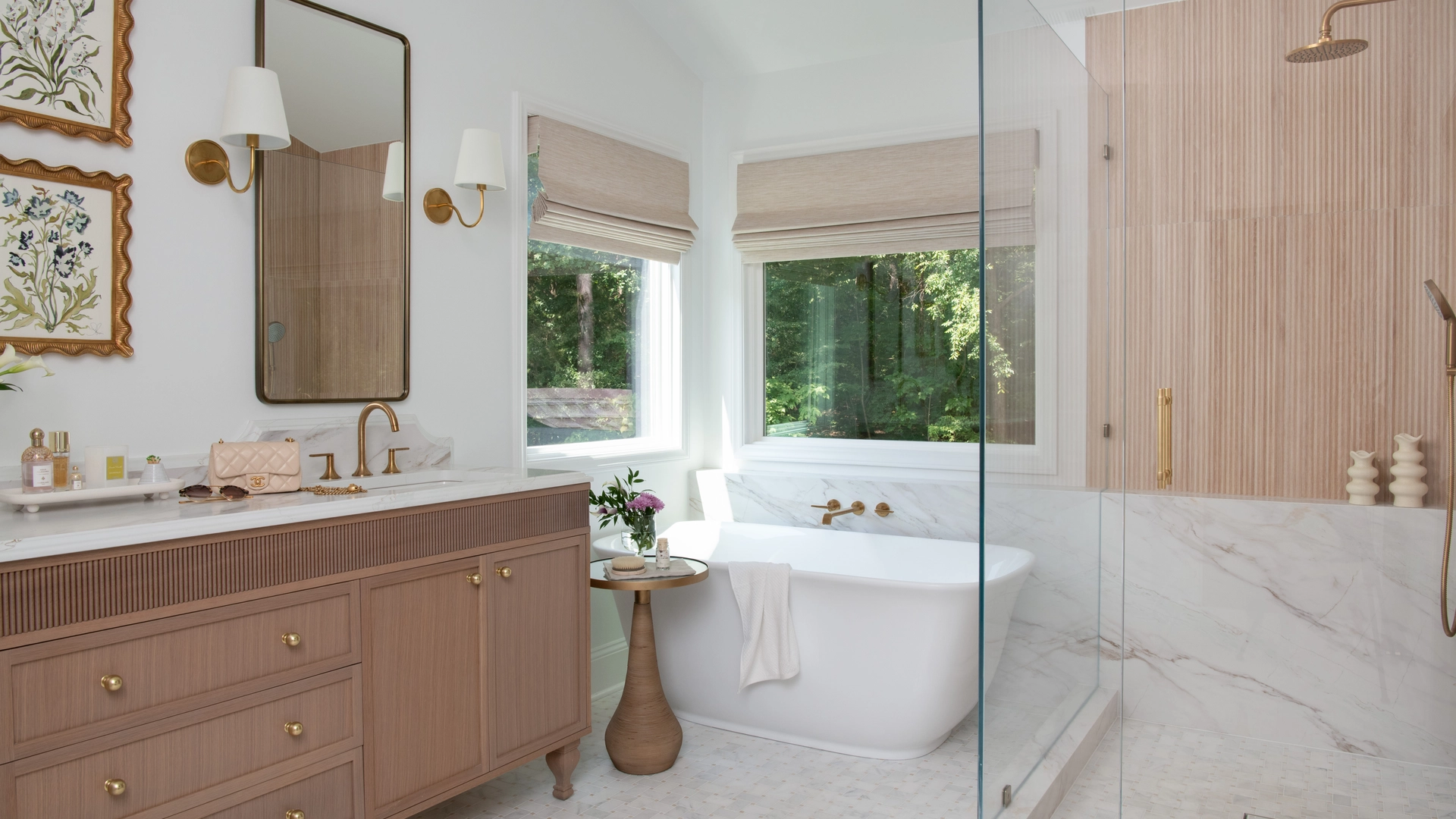 Spa bathroom with freestanding soaking tub and glass shower