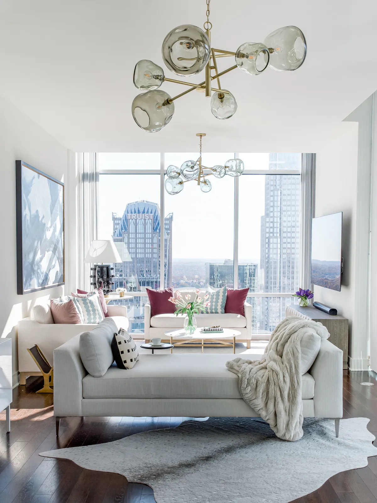 Elegant living room with chandelier and classic furniture