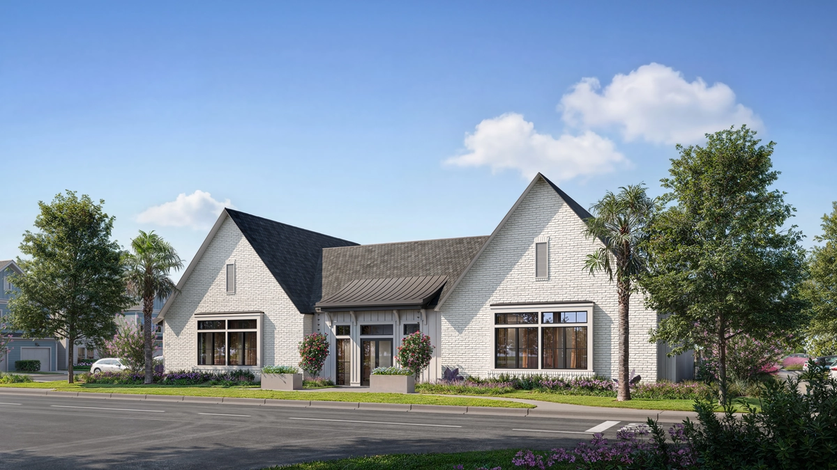 Rendering of a white brick clubhouse exterior with gabled rooflines, large windows, palm trees, and landscaped walkways
