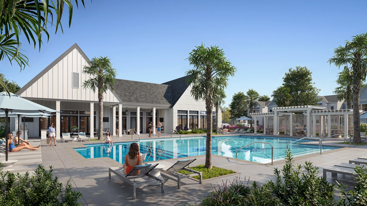 Rendering of the pool area with a resort-style pool, white clubhouse with gabled roof, palm trees, lounge chairs, and pergola seating areas